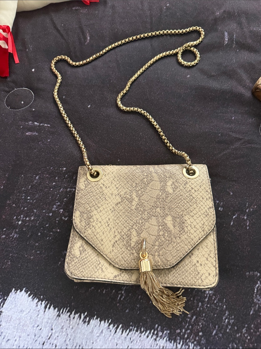 Gianni Bini Beige Snake-Embossed Crossbody with Gold Chain and Tassel